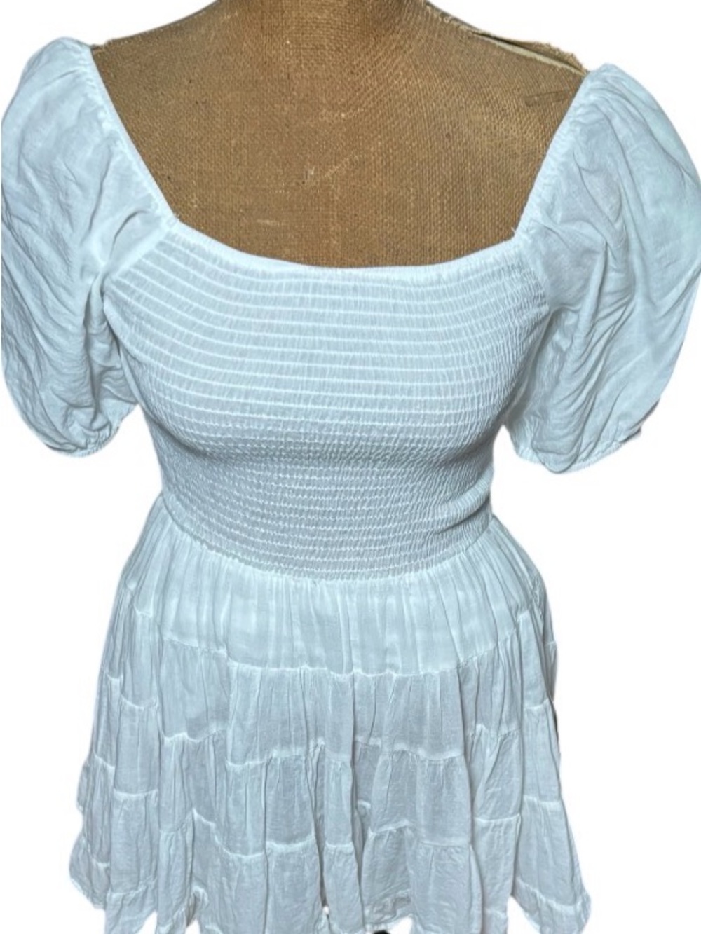 Alter’D State White Puff-Sleeve Smocked Peasant Mini Dress Size S